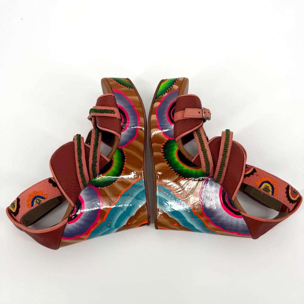 Meher Kakalia EU 40 Hand Painted Platform Wedge Sandals Embroidered Leather Boho - Picture 6 of 9